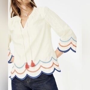 Boden Willa Tassel Tie Scalloped Hem Peasant Blouse Shirt Top Size 4